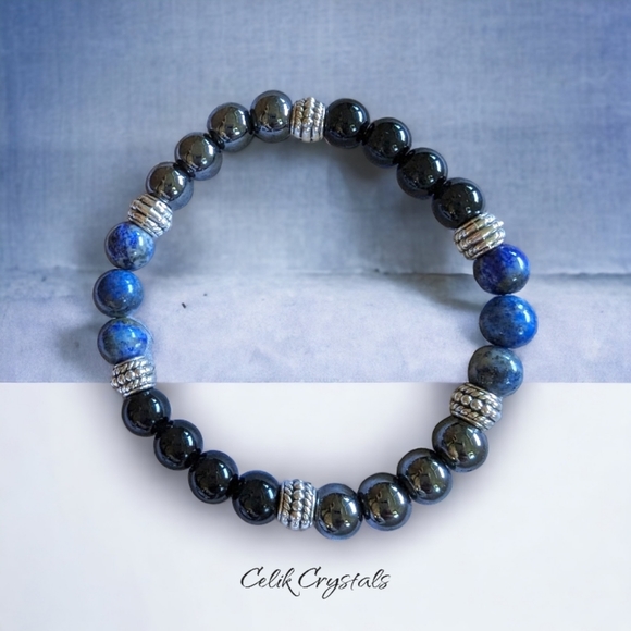 Lapis Lazuli & Hematite Men's Bracelet Natural Stones 8mm Stretches - Picture 2 of 5
